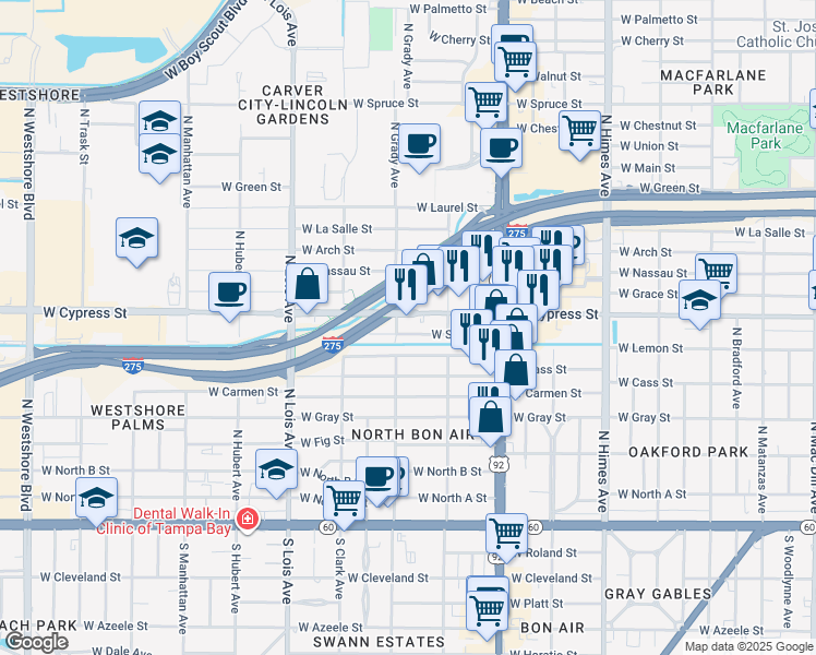 map of restaurants, bars, coffee shops, grocery stores, and more near 3915 West Lemon Street in Tampa