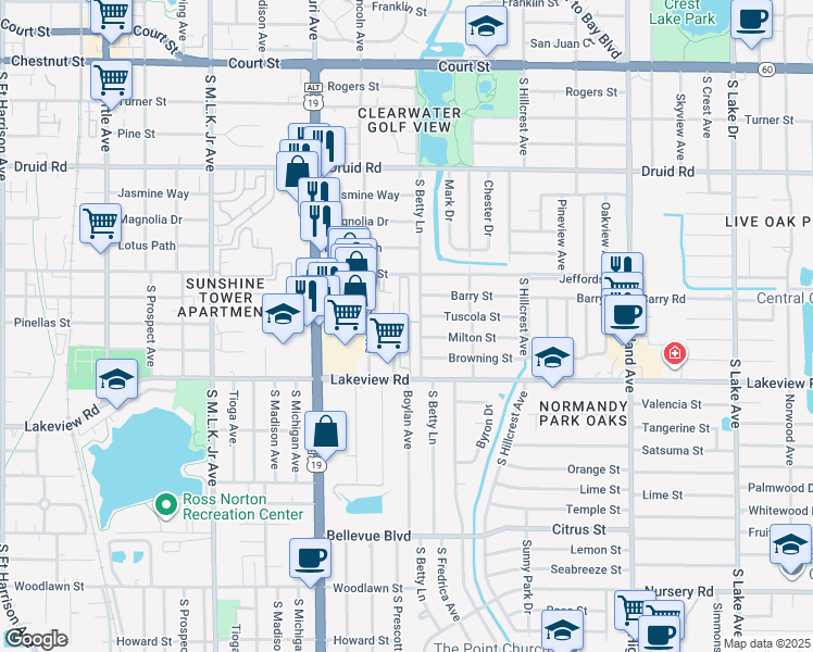 map of restaurants, bars, coffee shops, grocery stores, and more near 311 South Betty Lane in Clearwater