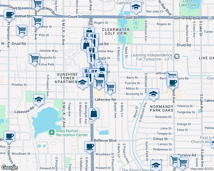 map of restaurants, bars, coffee shops, grocery stores, and more near 1281 South Lincoln Avenue in Clearwater