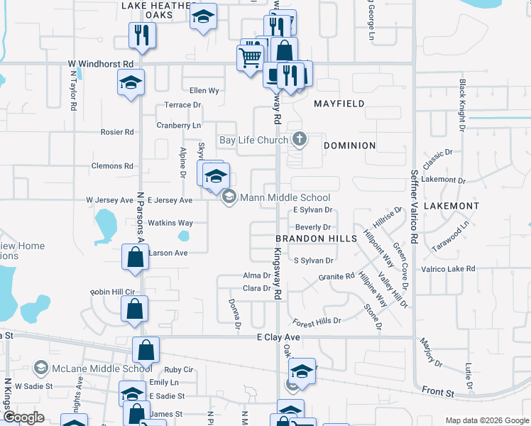 map of restaurants, bars, coffee shops, grocery stores, and more near 509 North Everina Circle in Brandon