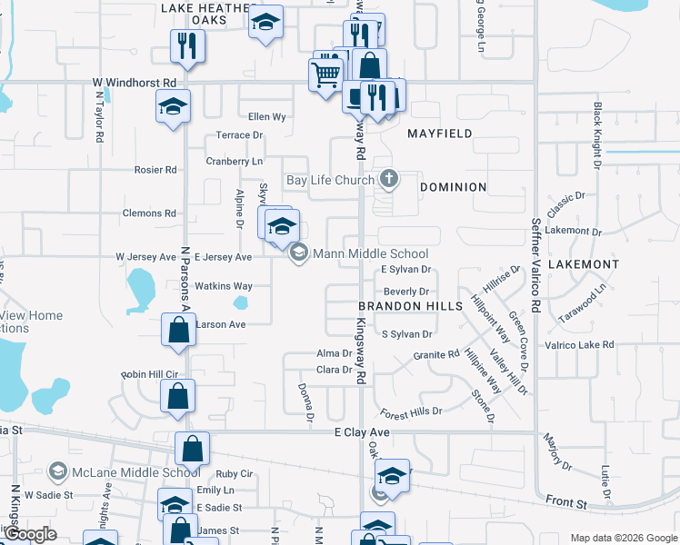 map of restaurants, bars, coffee shops, grocery stores, and more near 509 North Everina Circle in Brandon