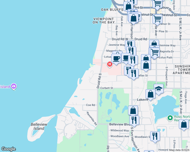 map of restaurants, bars, coffee shops, grocery stores, and more near 1256 Druid Road South in Belleair
