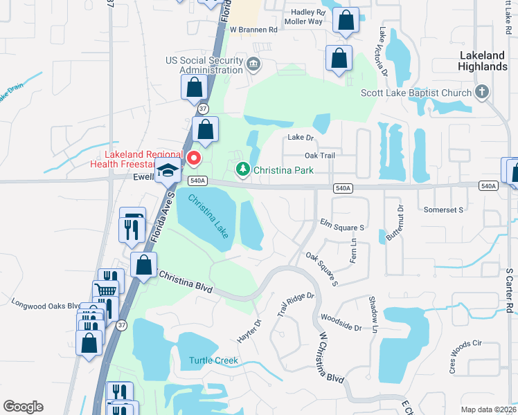 map of restaurants, bars, coffee shops, grocery stores, and more near 236 Birch Lane in Lakeland
