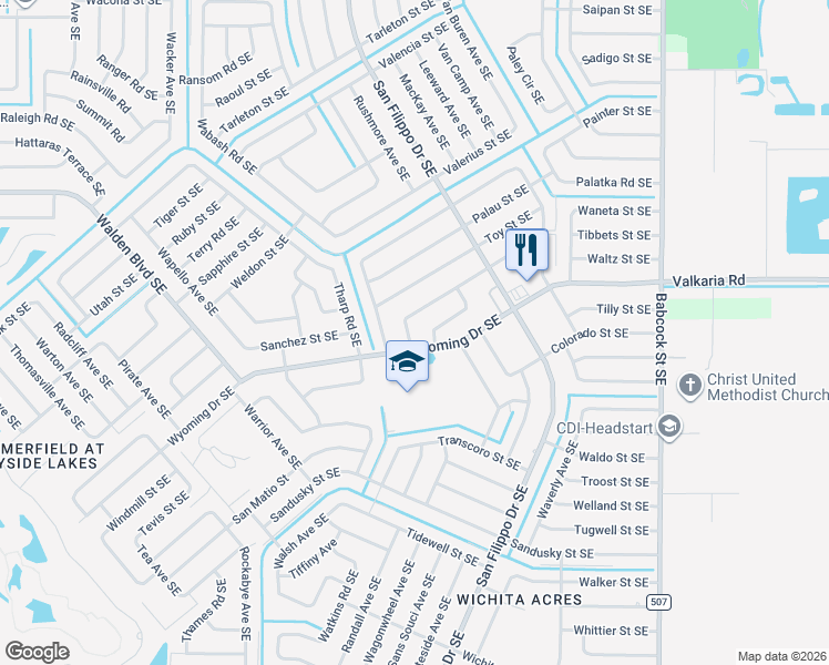 map of restaurants, bars, coffee shops, grocery stores, and more near 1314 Wigmore Street Southeast in Palm Bay