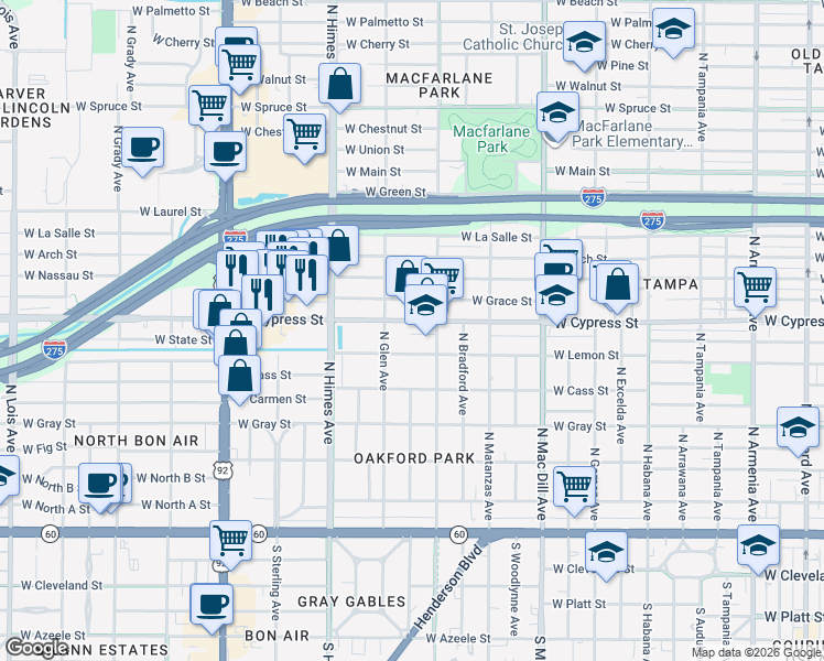 map of restaurants, bars, coffee shops, grocery stores, and more near 3310 West Cypress Street in Tampa