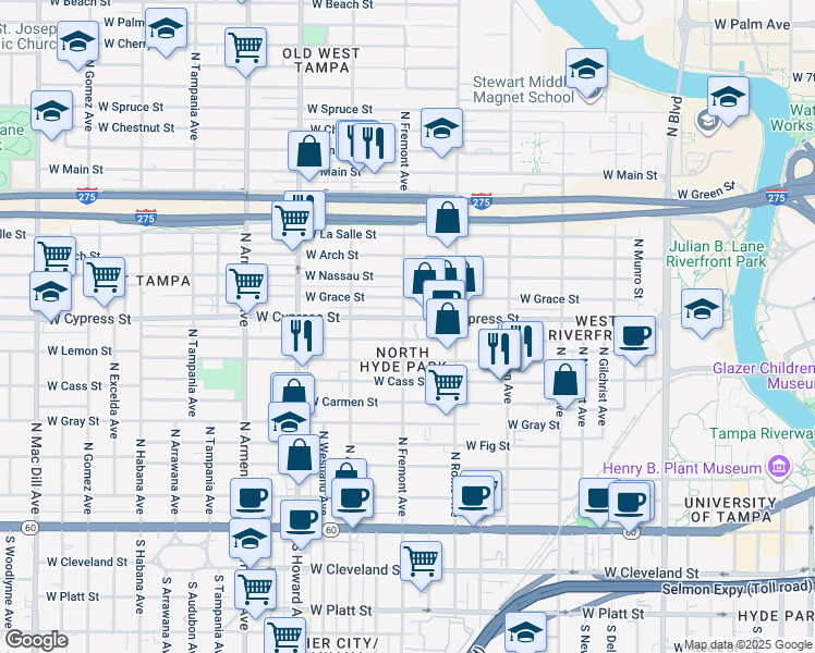 map of restaurants, bars, coffee shops, grocery stores, and more near 1006 North Fremont Avenue in Tampa