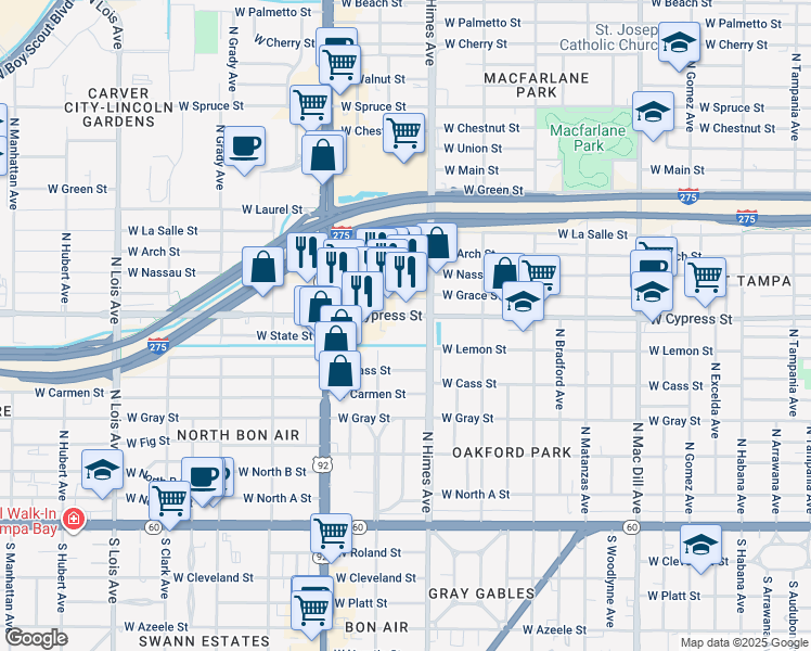 map of restaurants, bars, coffee shops, grocery stores, and more near 3629 West Cypress Street in Tampa