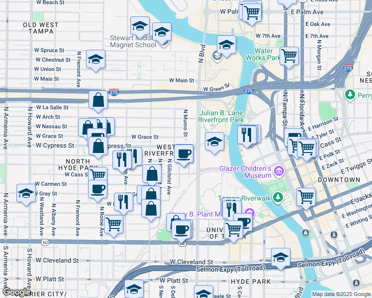 map of restaurants, bars, coffee shops, grocery stores, and more near 1008 West Grace Street in Tampa