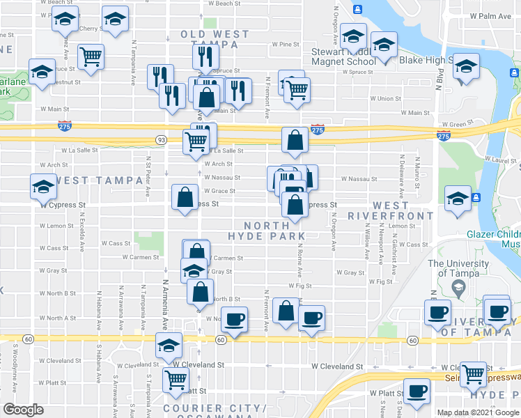 map of restaurants, bars, coffee shops, grocery stores, and more near 1006 North Fremont Avenue in Tampa