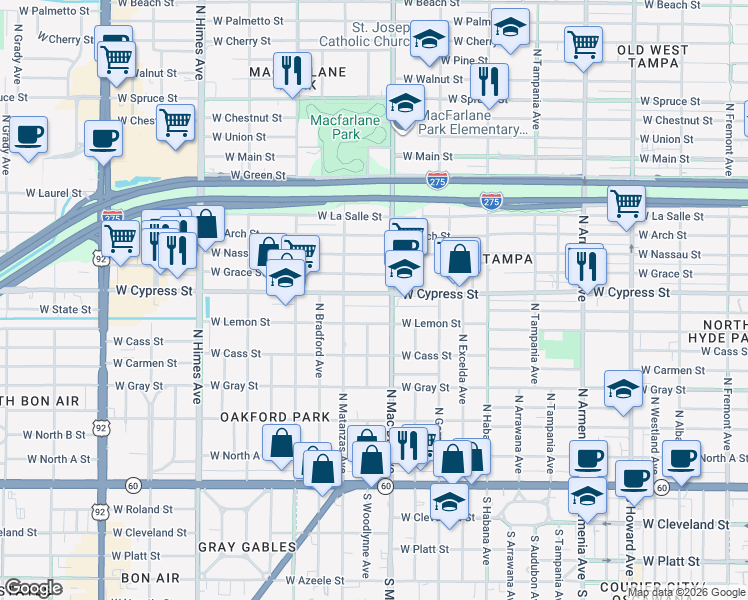 map of restaurants, bars, coffee shops, grocery stores, and more near 3108 West Grace Street in Tampa