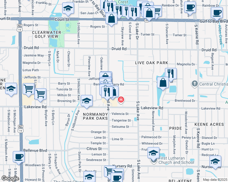 map of restaurants, bars, coffee shops, grocery stores, and more near 1201 South Highland Avenue in Clearwater