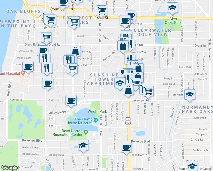 map of restaurants, bars, coffee shops, grocery stores, and more near 1245 South Martin Luther King Junior Avenue in Clearwater