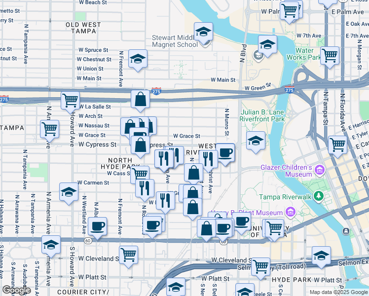 map of restaurants, bars, coffee shops, grocery stores, and more near 1308 West Cypress Street in Tampa