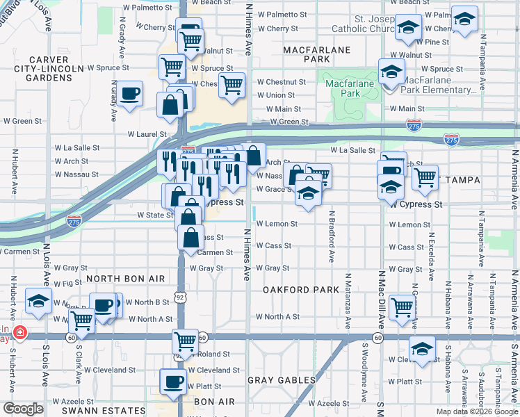 map of restaurants, bars, coffee shops, grocery stores, and more near 3518 West Grace Street in Tampa