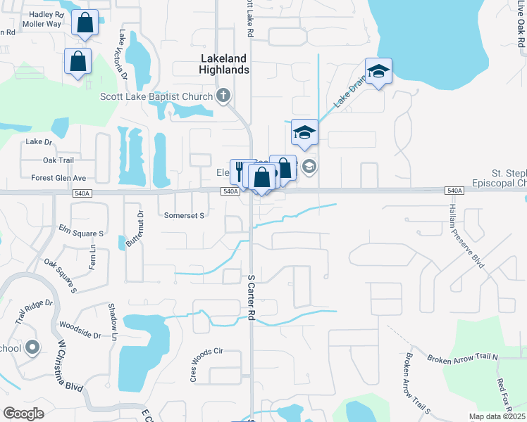 map of restaurants, bars, coffee shops, grocery stores, and more near 1011 County Road 540A in Lakeland