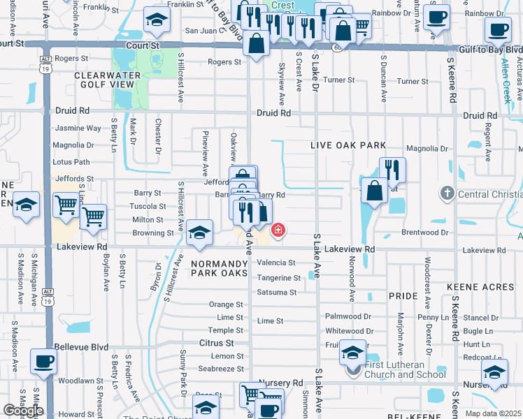 map of restaurants, bars, coffee shops, grocery stores, and more near 1201 South Highland Avenue in Clearwater