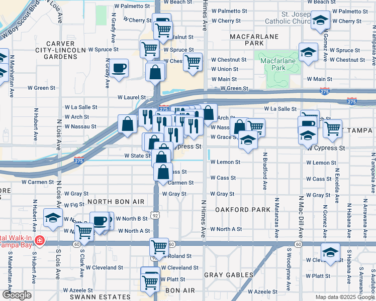 map of restaurants, bars, coffee shops, grocery stores, and more near 3629 West Cypress Street in Tampa