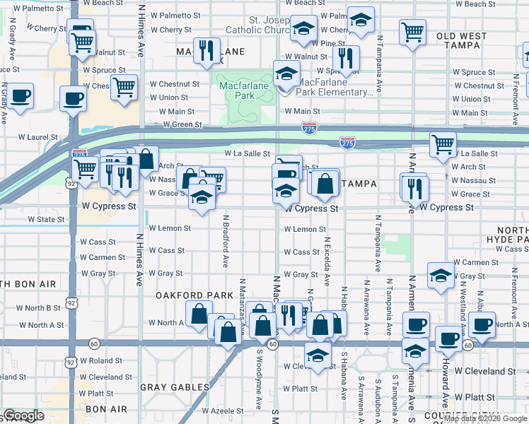 map of restaurants, bars, coffee shops, grocery stores, and more near 3108 West Grace Street in Tampa