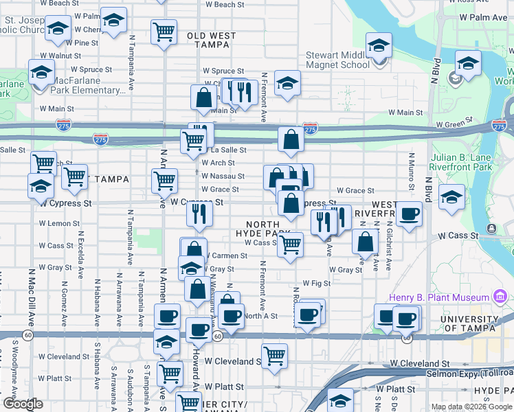 map of restaurants, bars, coffee shops, grocery stores, and more near 1006 North Fremont Avenue in Tampa