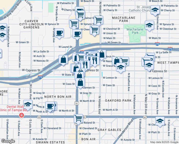map of restaurants, bars, coffee shops, grocery stores, and more near 3629 West Cypress Street in Tampa