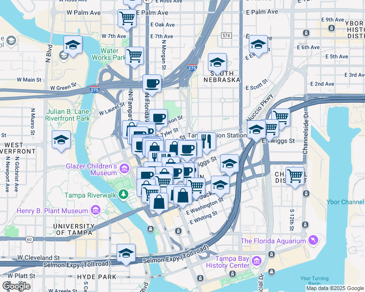 map of restaurants, bars, coffee shops, grocery stores, and more near 603 East Cass Street in Tampa