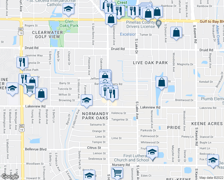 map of restaurants, bars, coffee shops, grocery stores, and more near 1201 South Highland Avenue in Clearwater
