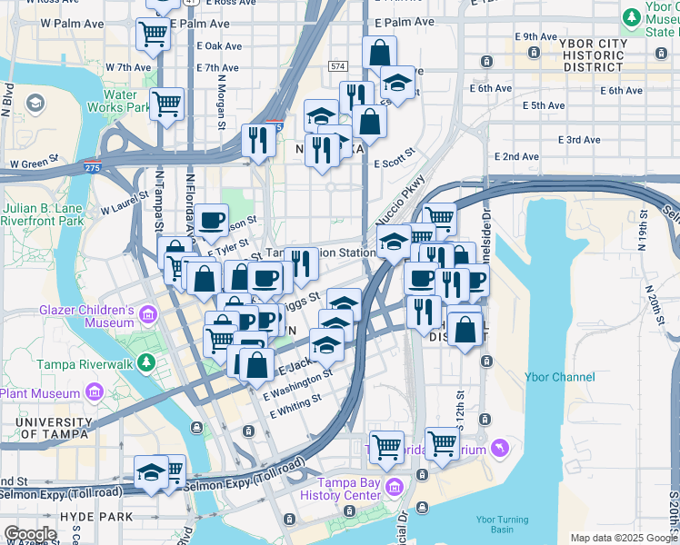 map of restaurants, bars, coffee shops, grocery stores, and more near 829 East Zack Street in Tampa