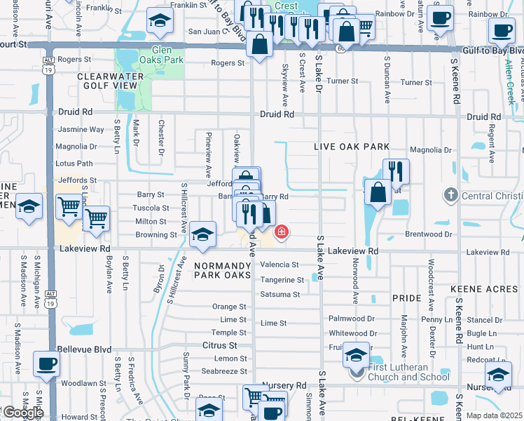 map of restaurants, bars, coffee shops, grocery stores, and more near 1201 South Highland Avenue in Clearwater