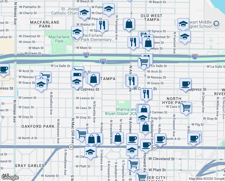 map of restaurants, bars, coffee shops, grocery stores, and more near 2714 West Grace Street in Tampa