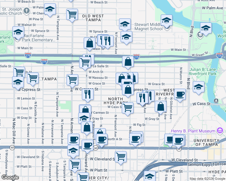 map of restaurants, bars, coffee shops, grocery stores, and more near 1006 North Fremont Avenue in Tampa