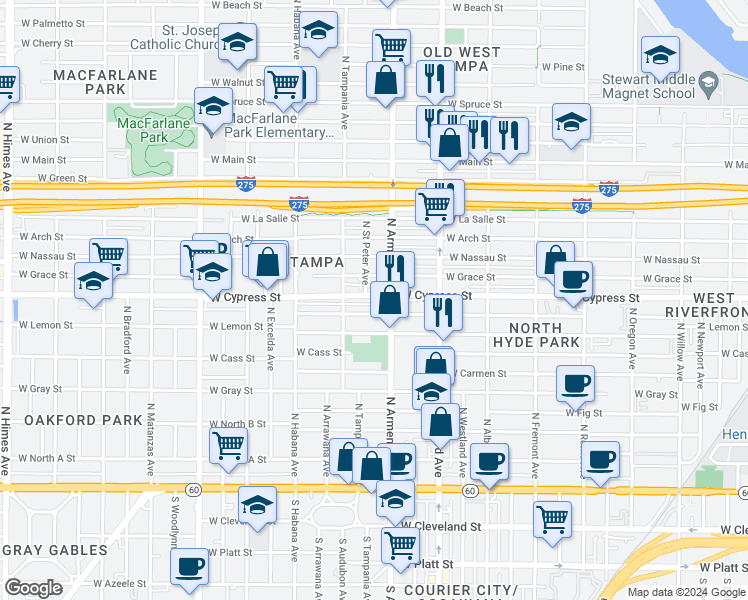 map of restaurants, bars, coffee shops, grocery stores, and more near 2423 West Cypress Street in Tampa