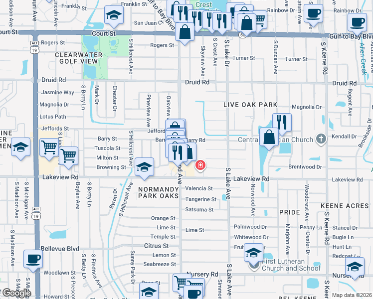 map of restaurants, bars, coffee shops, grocery stores, and more near 1201 South Highland Avenue in Clearwater