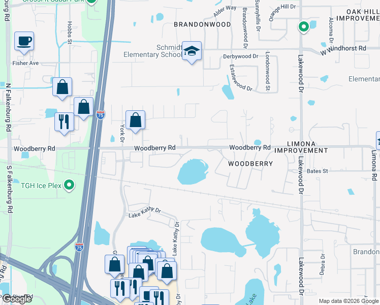 map of restaurants, bars, coffee shops, grocery stores, and more near 2118 Woodberry Road in Brandon