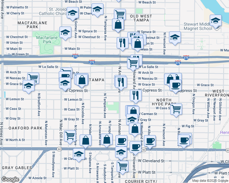 map of restaurants, bars, coffee shops, grocery stores, and more near 2423 West Cypress Street in Tampa