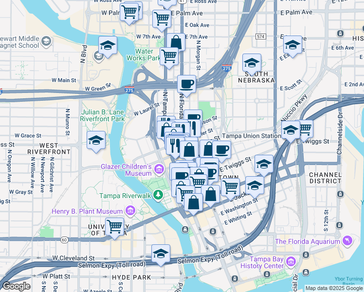 map of restaurants, bars, coffee shops, grocery stores, and more near 306 East Tyler Street in Tampa