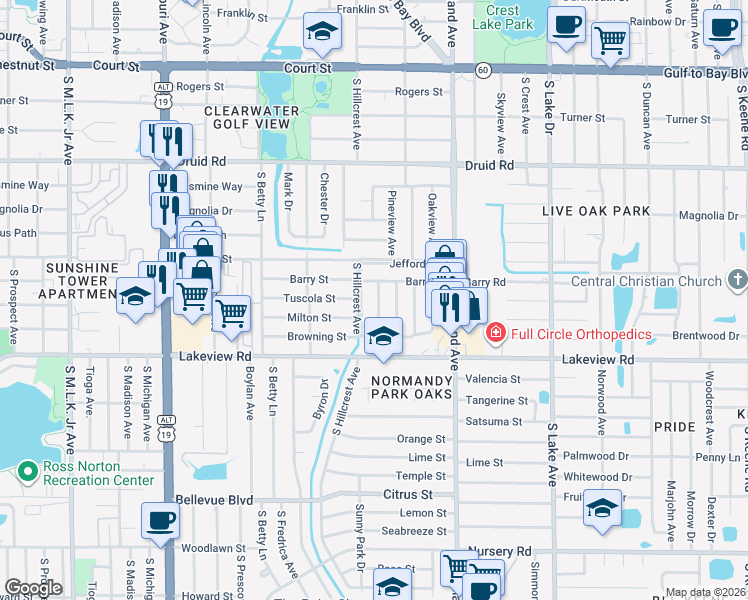 map of restaurants, bars, coffee shops, grocery stores, and more near 1234 Forrest Hill Drive in Clearwater
