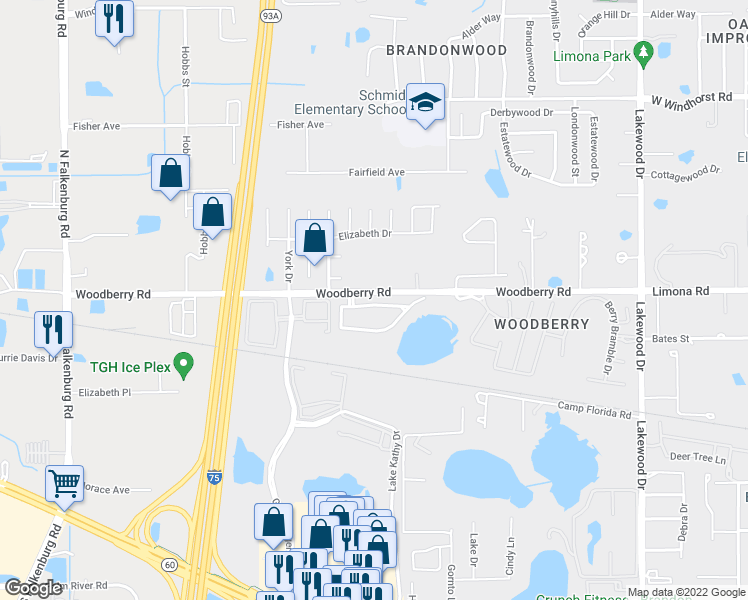 map of restaurants, bars, coffee shops, grocery stores, and more near 2260 Lake Woodberry Circle in Brandon