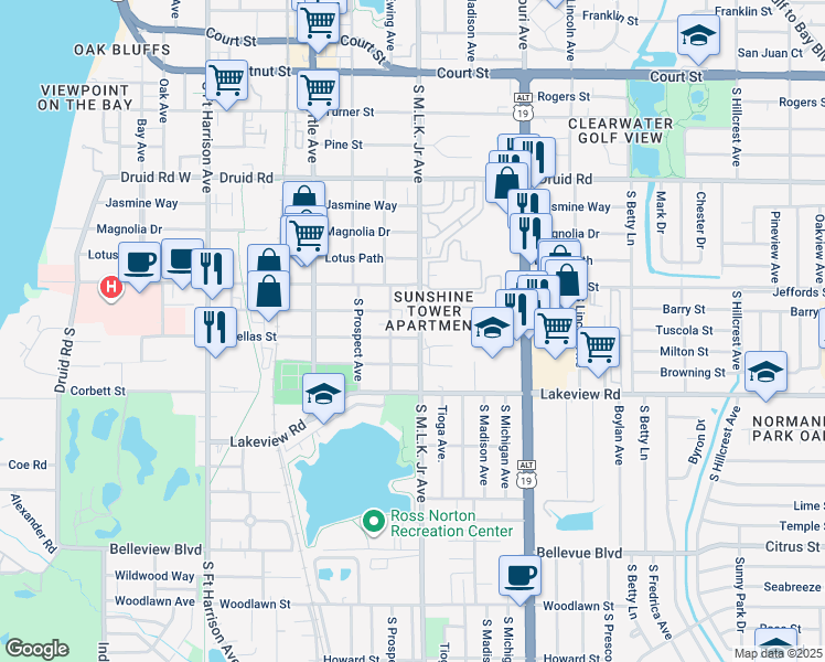 map of restaurants, bars, coffee shops, grocery stores, and more near 1221 Ewing Avenue in Clearwater