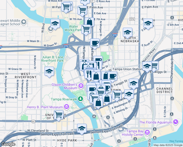 map of restaurants, bars, coffee shops, grocery stores, and more near 306 East Tyler Street in Tampa