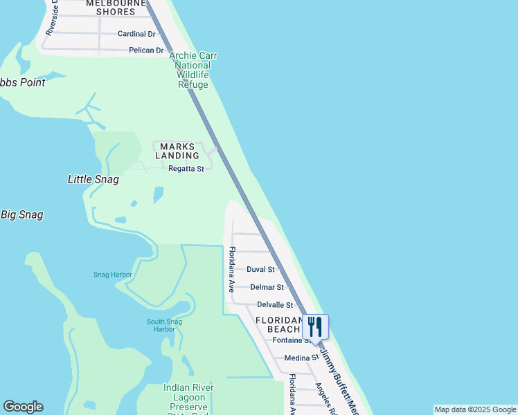 map of restaurants, bars, coffee shops, grocery stores, and more near 6355 South Highway A1A in Melbourne Beach