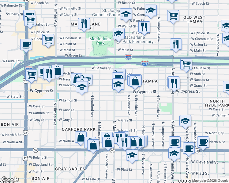 map of restaurants, bars, coffee shops, grocery stores, and more near West Cypress Street & North Macdill Avenue in Tampa