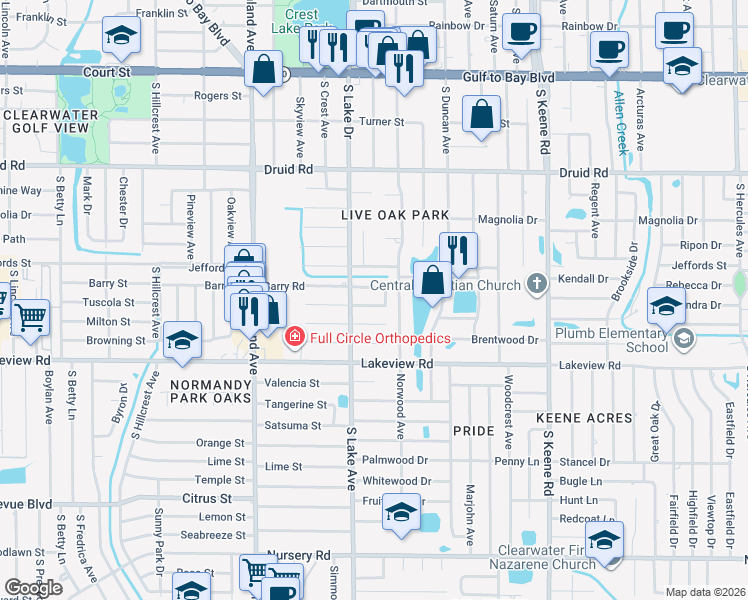 map of restaurants, bars, coffee shops, grocery stores, and more near 1619 Barry Street in Clearwater