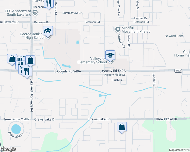 map of restaurants, bars, coffee shops, grocery stores, and more near 2668 Hickory Ridge Drive in Lakeland