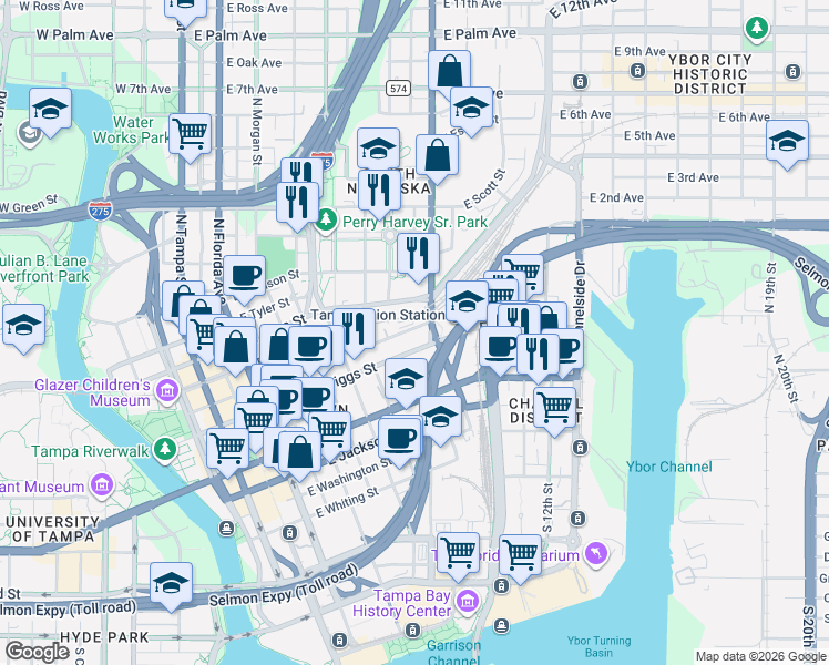 map of restaurants, bars, coffee shops, grocery stores, and more near 856 East Zack Street in Tampa