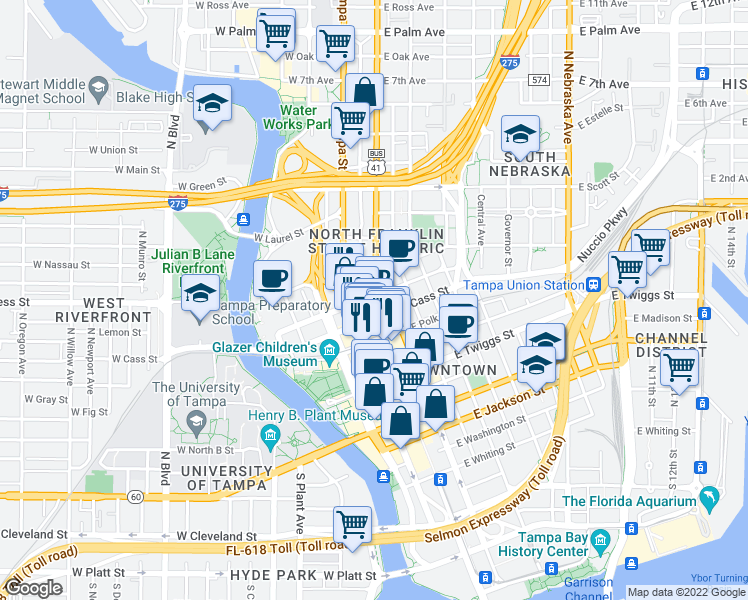 map of restaurants, bars, coffee shops, grocery stores, and more near 306 East Tyler Street in Tampa