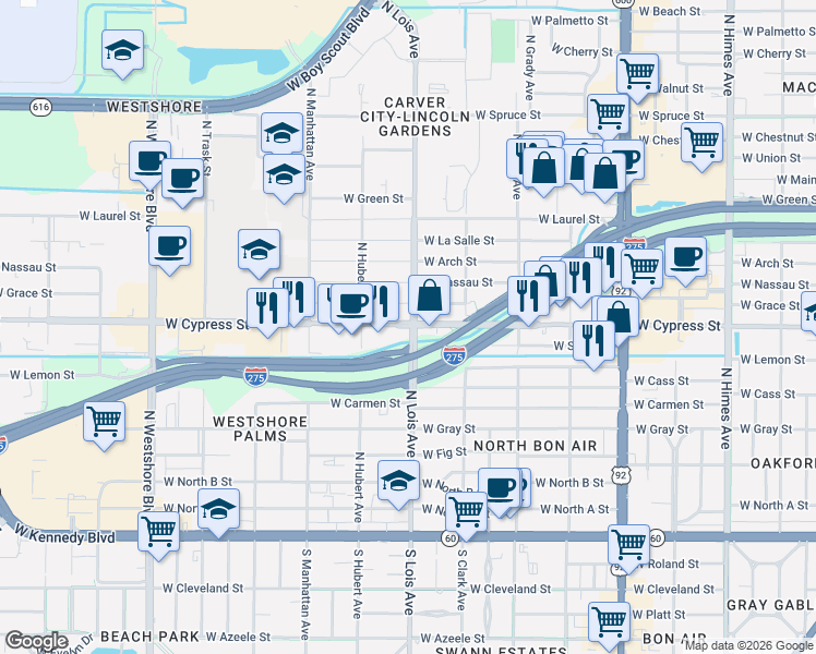 map of restaurants, bars, coffee shops, grocery stores, and more near 4155 West Cypress Street in Tampa