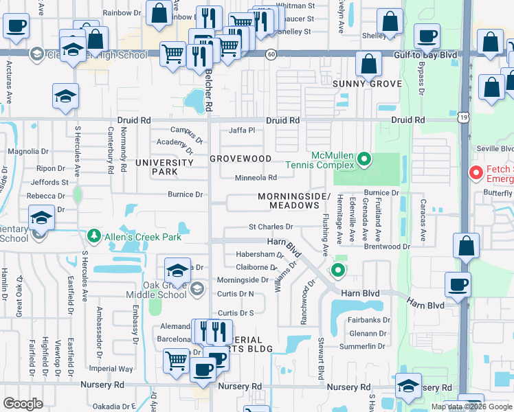 map of restaurants, bars, coffee shops, grocery stores, and more near 2269 Glenmoor Road South in Clearwater