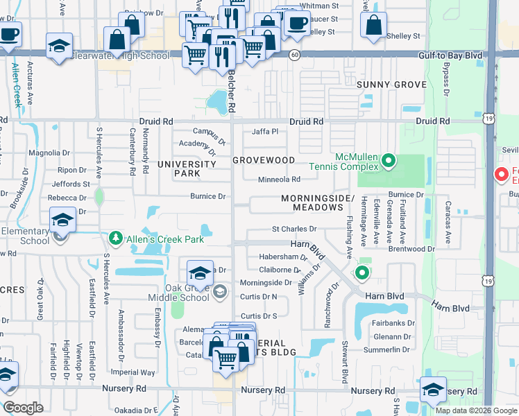 map of restaurants, bars, coffee shops, grocery stores, and more near 2239 Glenmoor Road North in Clearwater