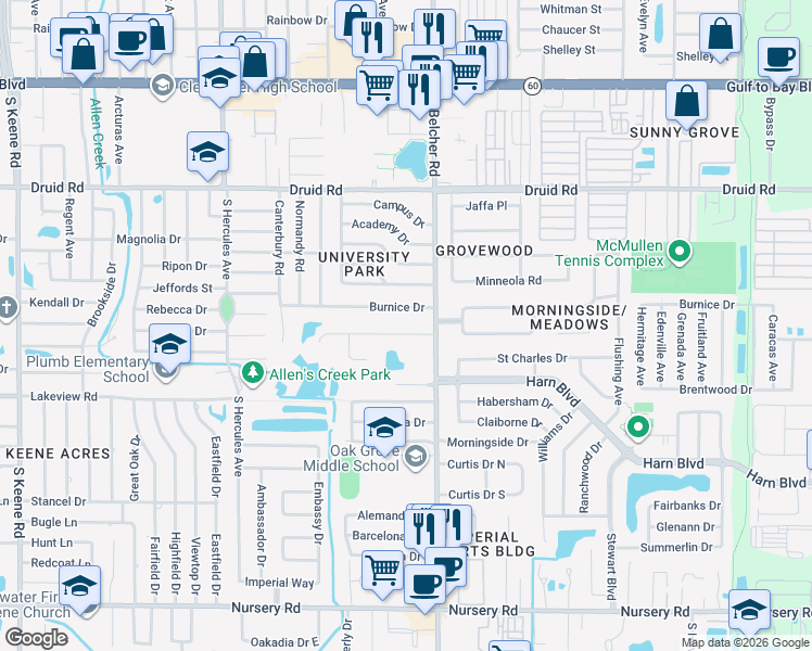 map of restaurants, bars, coffee shops, grocery stores, and more near 2167 Burnice Drive in Clearwater
