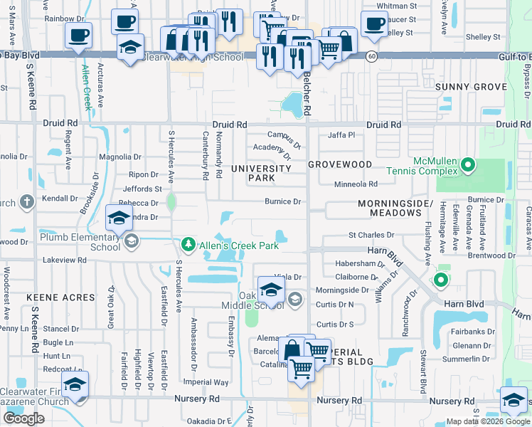 map of restaurants, bars, coffee shops, grocery stores, and more near 2131 Burnice Drive in Clearwater